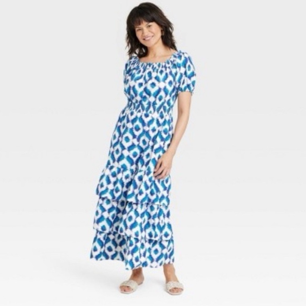 Knox Rose Blue and White Ikat Geometric Tiered Maxi Dress